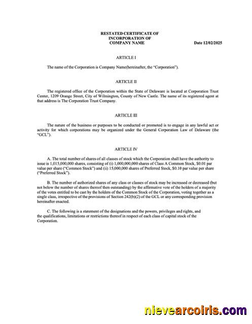 USA Delaware certificate of incorporation, version 2